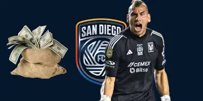 Nahuel Guzmán, a lado un costal de billetes y al fondo el escudo de San Diego FC / Foto Mexsport