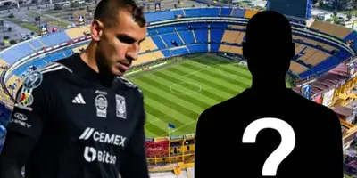 Nahuel Guzmán, a lado una persona incógnita y al fondo el Volcán / Foto X