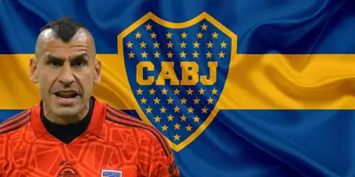 Nahuel Guzmán junto al escudo Boca Juniors / FOTO MEDIOTIEMPO