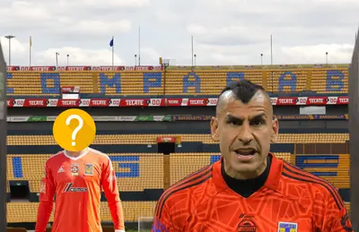 Nahuel Guzmán serio y a su lado otro portero con el rostro tapado/ Foto Tigres.