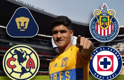 Nicolás Ibáñez y logos de Cruz Azul, Chivas, Pumas y América/Foto Diario ESTO.