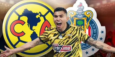 Orbelín Pineda junto al escudo del América y Chivas / FOTO TV AZTECA