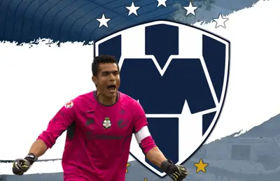 Oswaldo Sánchez celebrando y escudo de Rayados/Foto Sultanes de Monterrey.