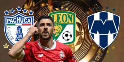 Paulinho junto a los escudos de Pachuca, León y Rayados / FOTO ESTO