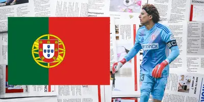 Periódicos de fondo tomados de canva, con Ochoa y bandera portuguesa al frente