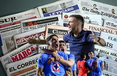 Periódicos del mundo, Martín Anselmi y jugadores de Cruz Azul celebrando/ Foto El Filtrador.