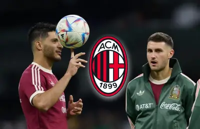 Raúl Jiménez y Santiago Giménez, escudo del Milan/Foto Récord.