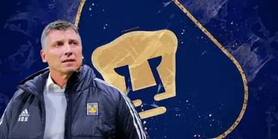 Robert Dante Siboldi junto al escudo de Pumas / FOTO X