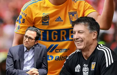 Robert Dante Siboldi riendo y Mauricio Culebro/ Foto TV Azteca.