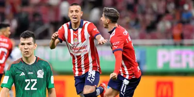 Roberto Alvarado e Isaac Brizuela festejando en partido con Chivas. Foto: Esto.