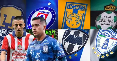 Roberto Alvarado y Erick Sánchez junto a escudos de la Liga MX