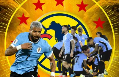 Rodrigo Aguirre celebrando y jugadores de Uruguay/Foto ESPN.