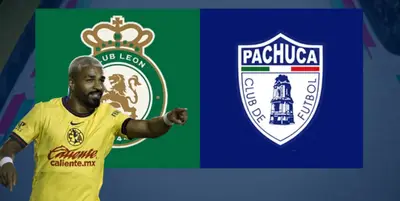 Rodrigo Aguirre junto a escudos de León y Pachuca / FOTO UNANIMO DEPORTES