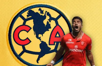Rodrigo Aguirre y logo del América/Foto Ame Shop.