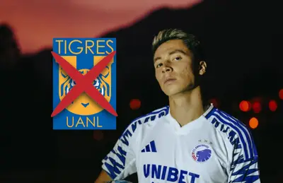 Rodrigo Huescas y escudo de Tigres con cruz roja en medio/ Foto N+.