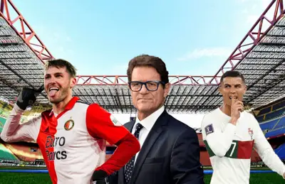 Santiago Giménez celebrando, Fabio Capello y Cristiano Ronaldo/ Foto Champions League.