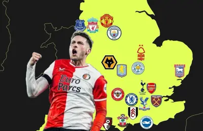 Santiago Giménez celebrando y escudos de equipos de Inglaterra/Foto One Football.