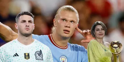 Santiago Giménez junto a Erling Haaland y Rafaela Pimenta / FOTO RELEVO