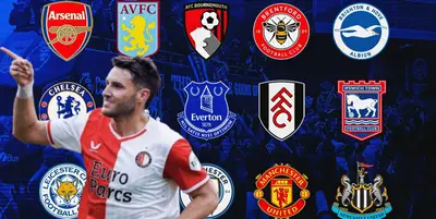 Santiago Giménez junto a escudos de clubes de la Premier League / FOTO EL PORVENIR