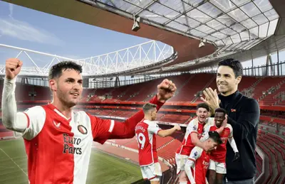 Santiago Giménez junto a Mikel Arteta en el Emirates Stadium/ Foto CNN