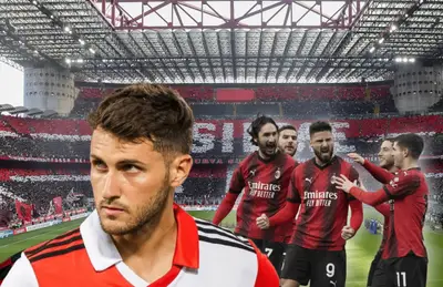 Santiago Giménez serio y futbolistas del Milán festejando/ Foto Serie A.