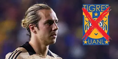 Sebastián Córdova junto al escudo de Tigres / FOTO MARCA