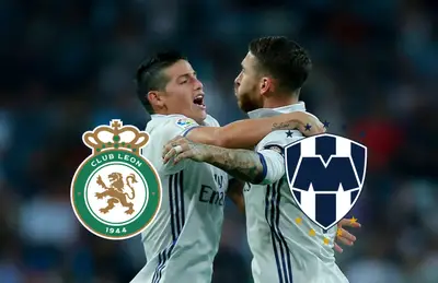 Sergio Ramos, James Rodríguez y escudos de León y Monterrey/Foto FIFA.