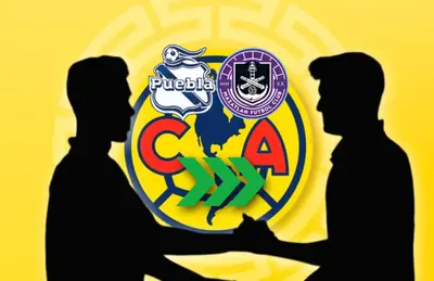 Silueta de dos futbolistas y logos de Mazatlán y Puebla/Foto Club América.