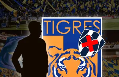 Silueta de entrenador, escudos de Tigres y Rayados con cruz en medio/Foto Oferten Oferten.