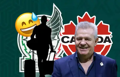 Silueta de futbolista con maletas, Javier Aguirre y emoji/ Foto TV Azteca.