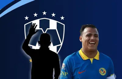 Silueta de futbolista con mano alzada y Román Martínez riendo/Foto Rayados.