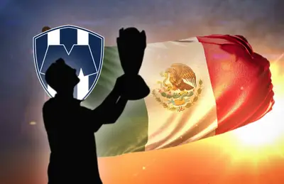 Silueta de hombre alzando copa, bandera de México y escudo de Rayados/Foto Wallpapers.com