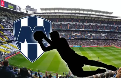 Silueta de portero atrapando balón, Santiago Bernabéu y escudo de Monterrey/Foto Goal.