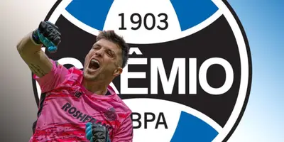 Tiago Volpi junto al escudo del Gremio / FOTO INSTAGRAM