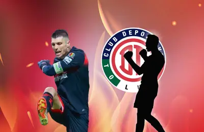 Tiago Volpi pateando y silueta de portero celebrando/ Foto Toluca.