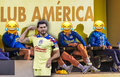 Tres futbolistas del América riendo y Henry Martín a un lado enojado.