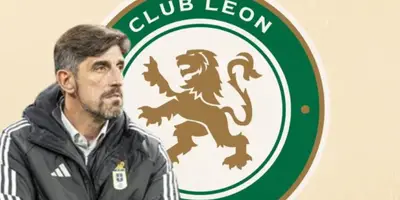 Veljko Paunovic junto al escudo del Léon / FOTO LA VOZ DE ASTURIAS
