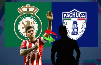 Víctor Guzmán y silueta de futbolista, logo de Pachuca y León/Foto Soy Fútbol.