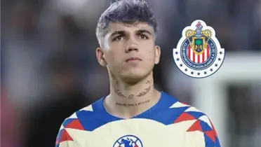 Álvarez en partido de fútbol con el América a la derecha escudo de Chivas / Mexsports