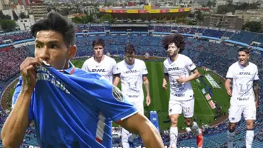 Uriel Antuna besando el escudo de Cruz Azul con jugadores de Pumas al fondo/FOTO El Futbolero