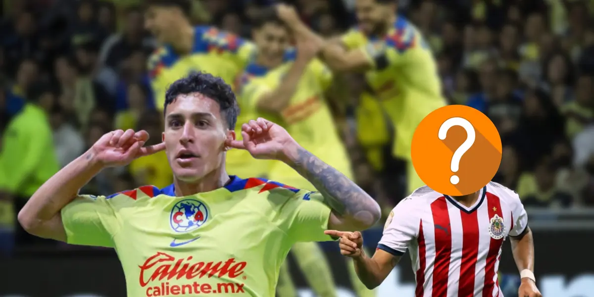 Alejandro Zendejas celebrando y un futbolista de Chivas con el rostro tapado/ Foto América.