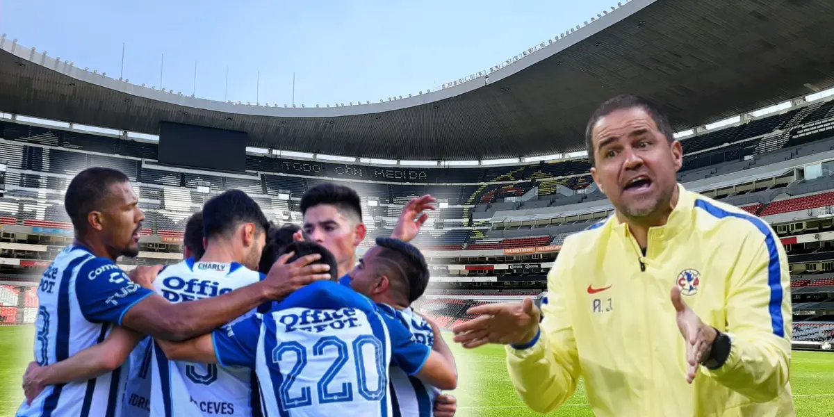 André Jardine gritando y futbolistas del Pachuca festejando/ Foto Wikipedia.