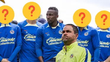 André Jardine pensativo y detrás, 5 jugadores del América/ Foto TUDN.