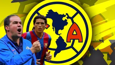 André Jardine y Juan Román Riquelme junto al escudo del América / FOTO GETTY IMAGES