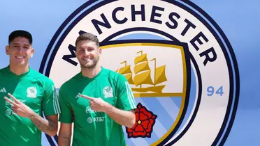 Edson Álvarez y Santiago Giménez junto al escudo del Manchester City / FOTO Instagram