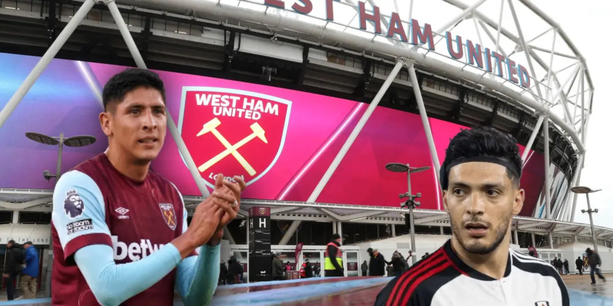 El Estadio del West Ham, Edson Álvarez aplaudiendo y Raúl Jiménez a un lado. 