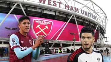 El Estadio del West Ham, Edson Álvarez aplaudiendo y Raúl Jiménez a un lado. 