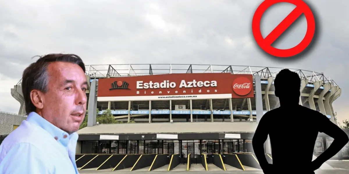 Estadio Azteca de fondo, Emilio Azcárraga y futbolista con manos en cintura/ Foto El Economista.