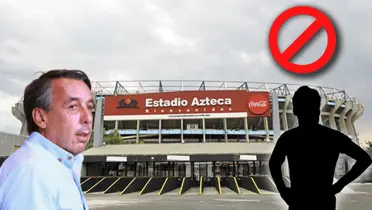 Estadio Azteca de fondo, Emilio Azcárraga y futbolista con manos en cintura/ Foto El Economista.