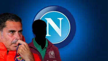 Fernando Hierro y futbolista incógnito del Tri junto al escudo del Napoli / FOTO GETTY IMAGES